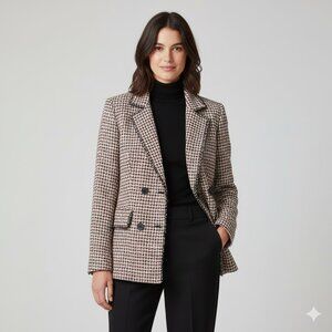 NEW AUTRES FILLES Double Breast Tweed Plaid Blazer Tan/Black/Orange Women L